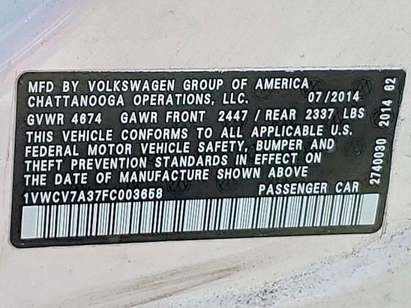 Продажа на аукционе авто 2015 Volkswagen Passat, vin: 1VWCV7A37FC003658, номер лота: 53248496