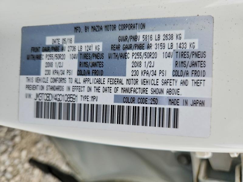 54683736 :رقم المزاد ، JM3TCBDY4G0108591 vin ، 2016 Mazda Cx-9 مزاد بيع