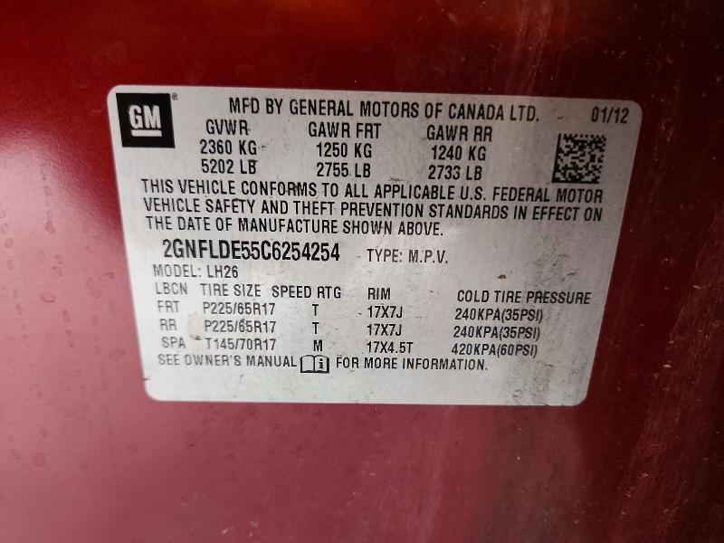Aukcja sprzedaży 2012 Chevrolet Equinox, vin: 2GNFLDE55C6254254, numer aukcji: 54925746