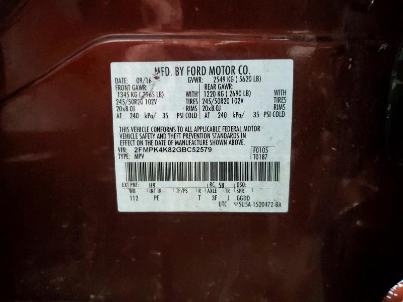2016 Ford Edge მანქანა იყიდება აუქციონზე, vin: 2FMPK4K82GBC52579, აუქციონის ნომერი: 52185506