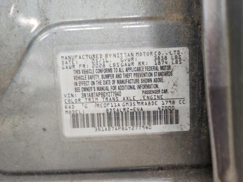 2016 Nissan Sentra მანქანა იყიდება აუქციონზე, vin: 3N1AB7AP8GY277940, აუქციონის ნომერი: 53589966