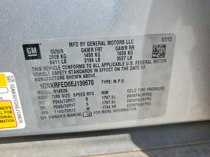 Aukcja sprzedaży 2014 Chevrolet Traverse, vin: 1GNKRFED6EJ139670, numer aukcji: 53542476