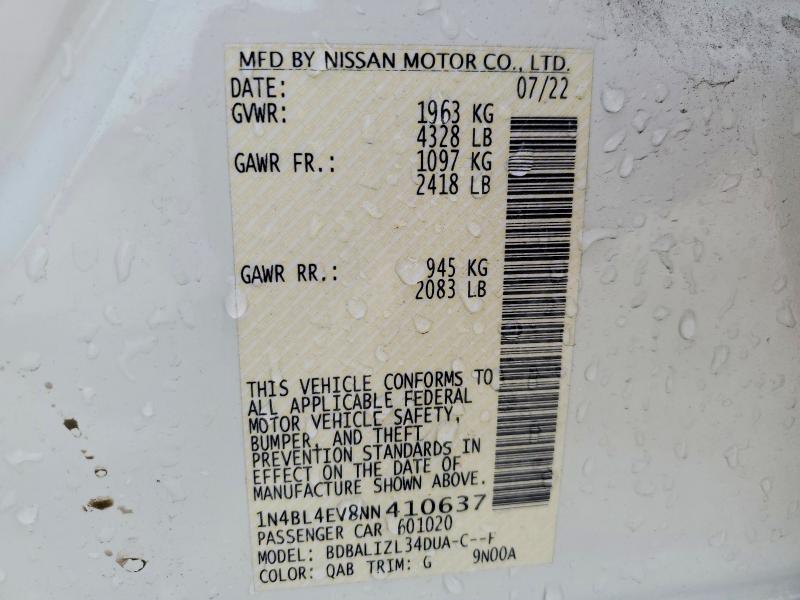 52234886 :رقم المزاد ، 1N4BL4EV8NN410637 vin ، 2022 Nissan Altima مزاد بيع