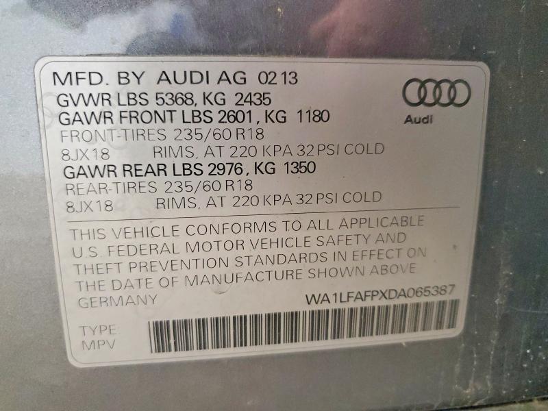 52671696 :رقم المزاد ، WA1LFAFPXDA065387 vin ، 2013 Audi Q5 مزاد بيع