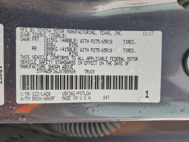 53180006 :رقم المزاد ، 5TFHW5F16JX708924 vin ، 2018 Toyota Tundra مزاد بيع