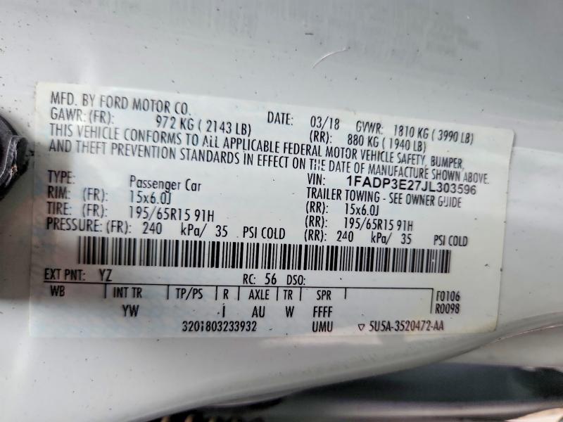 2018 Ford Focus მანქანა იყიდება აუქციონზე, vin: 1FADP3E27JL303596, აუქციონის ნომერი: 50833386