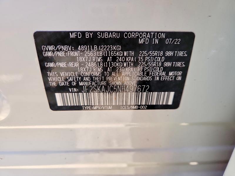 Продажа на аукционе авто 2022 Subaru Forester, vin: JF2SKAJC5NH497672, номер лота: 52298716