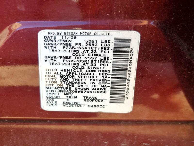 Продаж на аукціоні авто 2007 Nissan Murano, vin: JN8AZ08W97W618058, номер лоту: 53191296