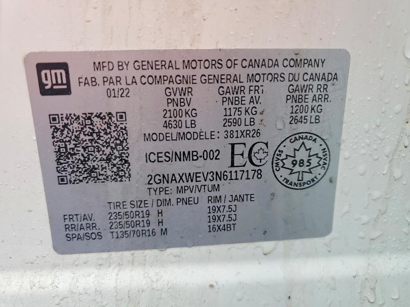 2022 Chevrolet Equinox მანქანა იყიდება აუქციონზე, vin: 2GNAXWEV3N6117178, აუქციონის ნომერი: 54953896