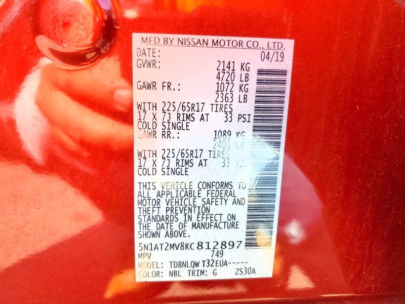 54829876 :رقم المزاد ، 5N1AT2MV8KC812897 vin ، 2019 Nissan Rogue مزاد بيع
