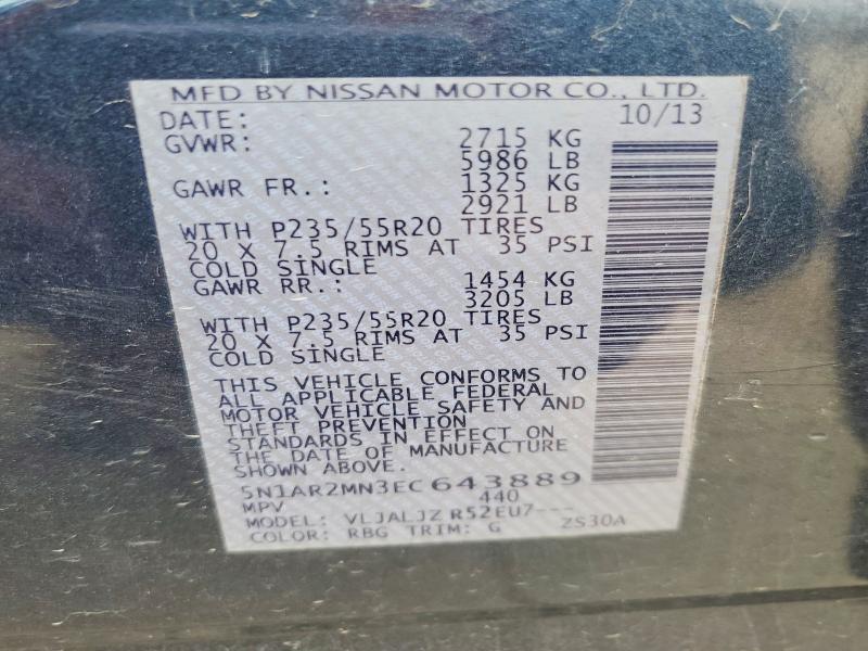 52236966 :رقم المزاد ، 5N1AR2MN3EC643889 vin ، 2014 Nissan Pathfinder مزاد بيع