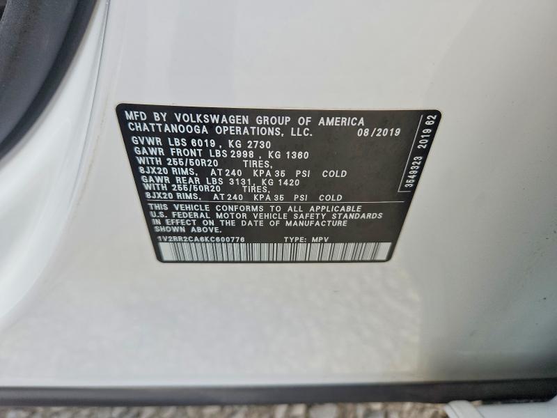 52831196 :رقم المزاد ، 1V2RR2CA6KC600776 vin ، 2019 Volkswagen Atlas مزاد بيع
