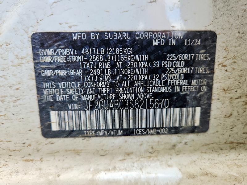 52788816 :رقم المزاد ، JF2GUABC3S8215670 vin ، 2025 Subaru Crosstrek مزاد بيع