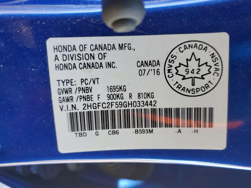 Продажа на аукционе авто 2016 Honda Civic, vin: 2HGFC2F59GH033442, номер лота: 53021326