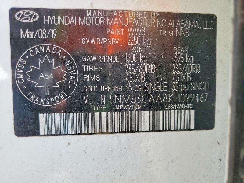 2019 Hyundai Santa Fe მანქანა იყიდება აუქციონზე, vin: 5NMS3CAA8KH099467, აუქციონის ნომერი: 51828996