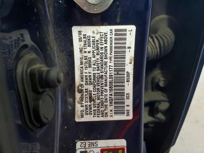 2008 Honda Civic მანქანა იყიდება აუქციონზე, vin: 1HGFA16808L091177, აუქციონის ნომერი: 53762186