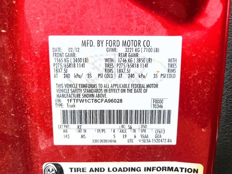 Aukcja sprzedaży 2012 Ford F150, vin: 1FTFW1CT8CFA96028, numer aukcji: 55096166