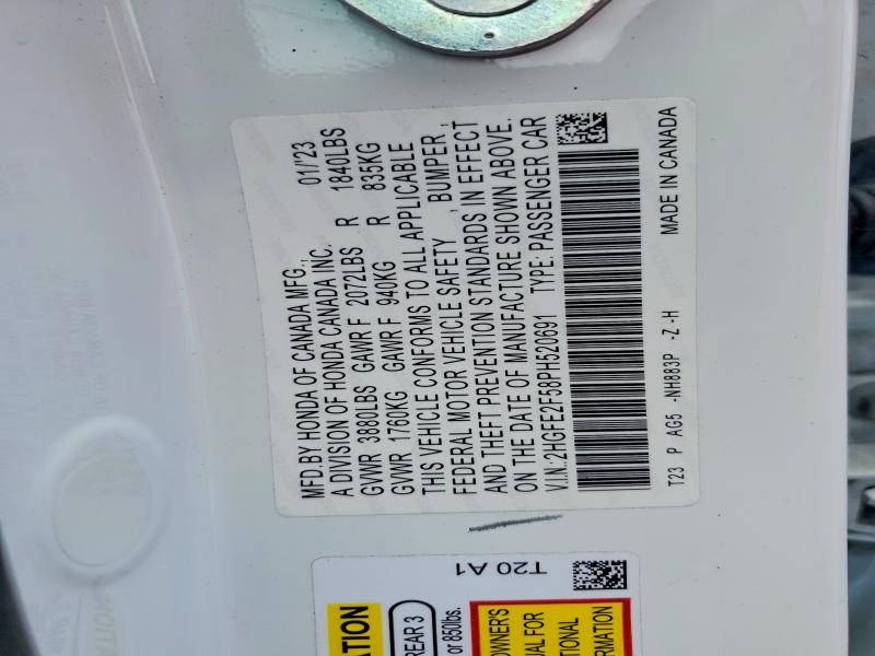 Продаж на аукціоні авто 2023 Honda Civic, vin: 2HGFE2F58PH520691, номер лоту: 55215226