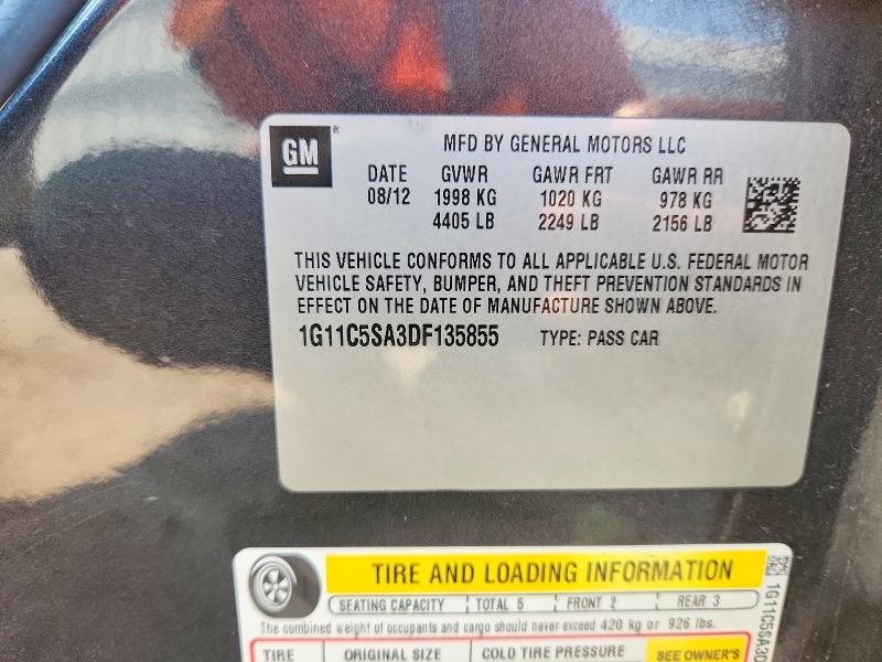 2013 Chevrolet Malibu მანქანა იყიდება აუქციონზე, vin: 1G11C5SA3DF135855, აუქციონის ნომერი: 53834996