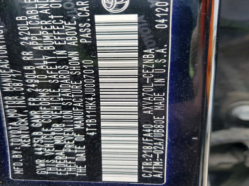 54037336 :رقم المزاد ، 4T1B11HK4JU007010 vin ، 2018 Toyota Camry مزاد بيع