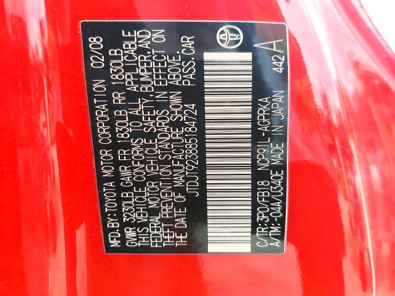 55540386 :رقم المزاد ، JTDJT923885184724 vin ، 2008 Toyota Yaris مزاد بيع