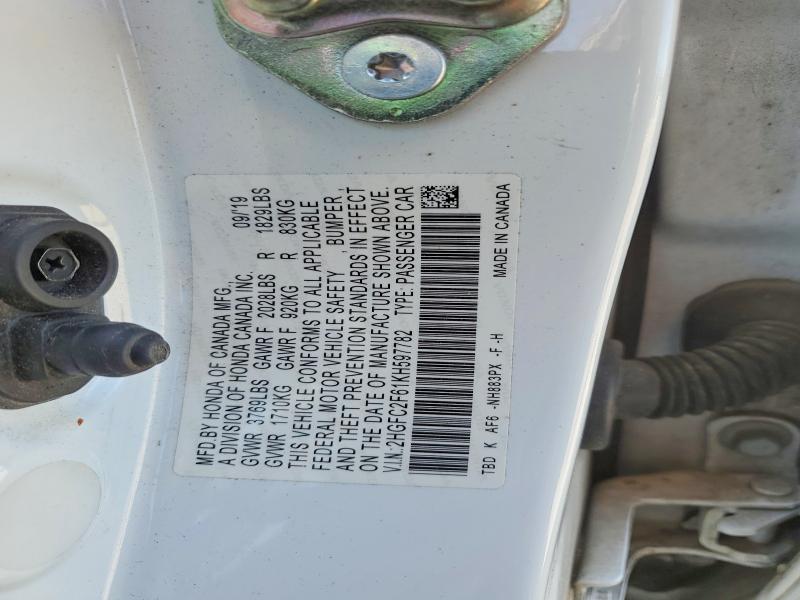 54529806 :رقم المزاد ، 2HGFC2F61KH597782 vin ، 2019 Honda Civic مزاد بيع
