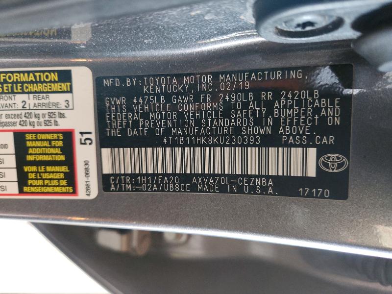 2019 Toyota Camry მანქანა იყიდება აუქციონზე, vin: 4T1B11HK8KU230393, აუქციონის ნომერი: 52212796