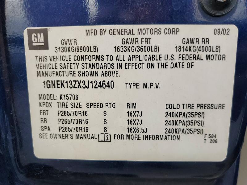 Aukcja sprzedaży 2003 Chevrolet Tahoe, vin: 1GNEK13ZX3J124640, numer aukcji: 52420286