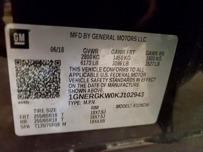 54816256 :رقم المزاد ، 1GNERGKW0KJ102943 vin ، 2019 Chevrolet Traverse مزاد بيع