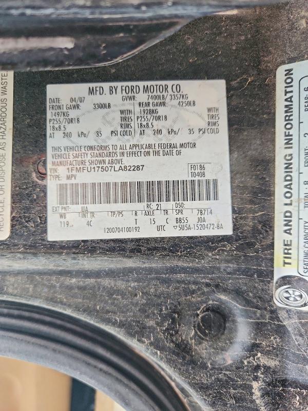 2007 Ford Expedition მანქანა იყიდება აუქციონზე, vin: 1FMFU17507LA82287, აუქციონის ნომერი: 53260676