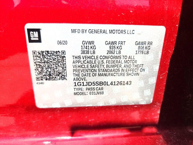 Продажа на аукционе авто 2020 Chevrolet Sonic, vin: 1G1JD5SB0L4126143, номер лота: 55392056