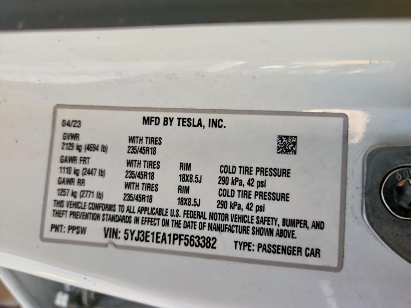 2023 Tesla Model 3 მანქანა იყიდება აუქციონზე, vin: 5YJ3E1EA1PF563382, აუქციონის ნომერი: 54516016