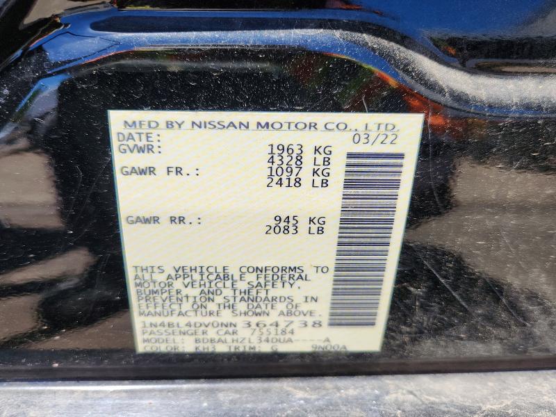 2022 Nissan Altima მანქანა იყიდება აუქციონზე, vin: 1N4BL4DV0NN364738, აუქციონის ნომერი: 53579926