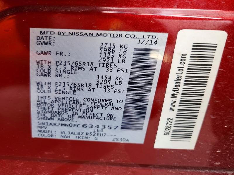 Aukcja sprzedaży 2015 Nissan Pathfinder, vin: 5N1AR2MN0FC634357, numer aukcji: 53899096