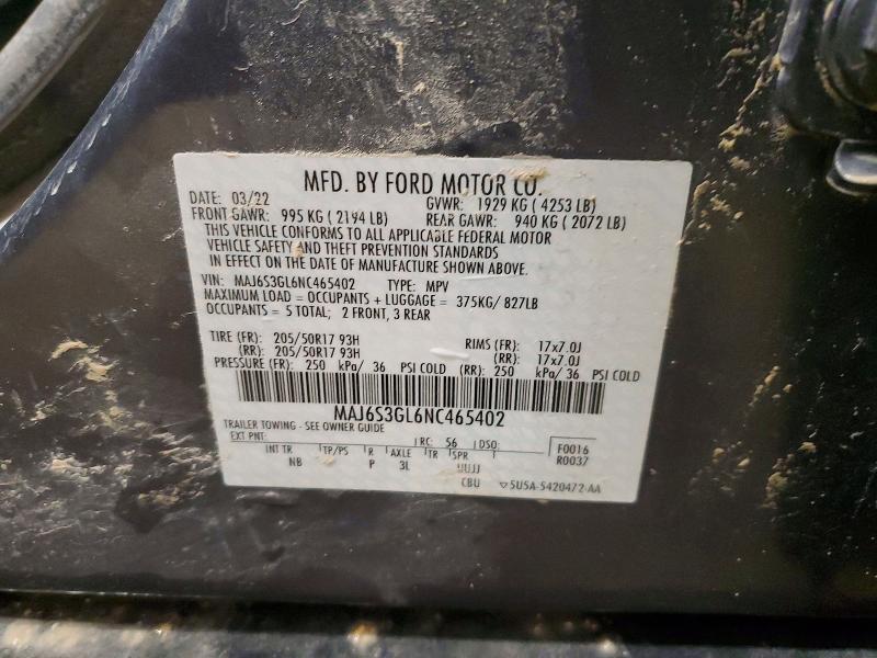 2022 Ford Ecosport მანქანა იყიდება აუქციონზე, vin: MAJ6S3GL6NC465402, აუქციონის ნომერი: 54458046