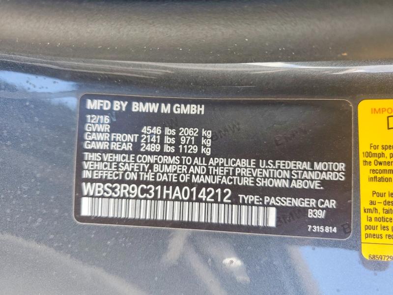 2017 Bmw M4 მანქანა იყიდება აუქციონზე, vin: WBS3R9C31HA014212, აუქციონის ნომერი: 54212266