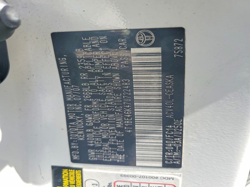 Aukcja sprzedaży 2007 Toyota Camry, vin: 4T1BE46K47U722483, numer aukcji: 53586046