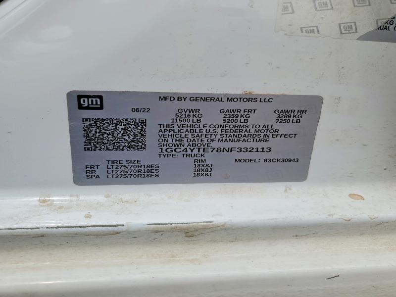 53284476 :رقم المزاد ، 1GC4YTE78NF332113 vin ، 2022 Chevrolet Silverado مزاد بيع
