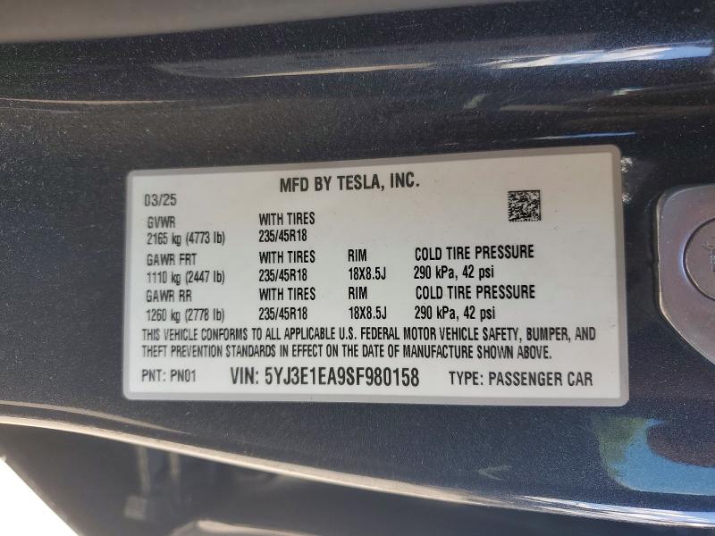 Aukcja sprzedaży 2025 Tesla Model 3, vin: 5YJ3E1EA9SF980158, numer aukcji: 52726406