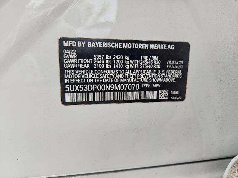 Aukcja sprzedaży 2022 Bmw X3, vin: 5UX53DP00N9M07070, numer aukcji: 53021876