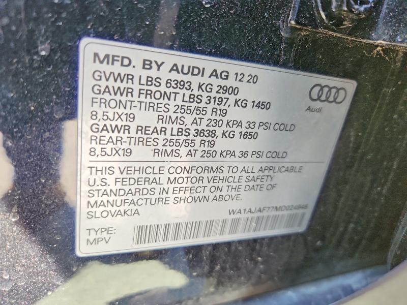 2021 Audi Q7 მანქანა იყიდება აუქციონზე, vin: WA1AJAF77MD024946, აუქციონის ნომერი: 51863726