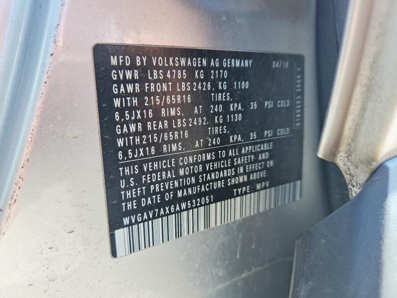 54659826 :رقم المزاد ، WVGAV7AX6AW532051 vin ، 2010 Volkswagen Tiguan مزاد بيع
