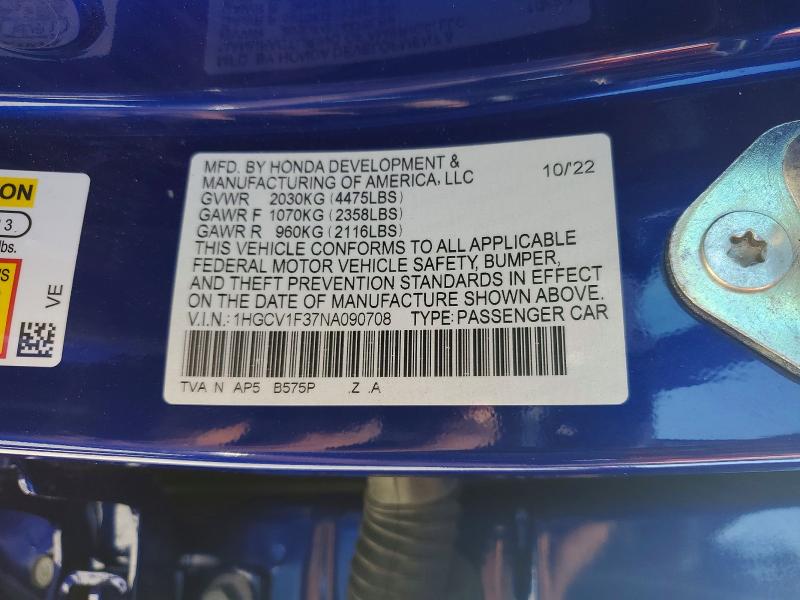 Продаж на аукціоні авто 2022 Honda Accord, vin: 1HGCV1F37NA090708, номер лоту: 53430246