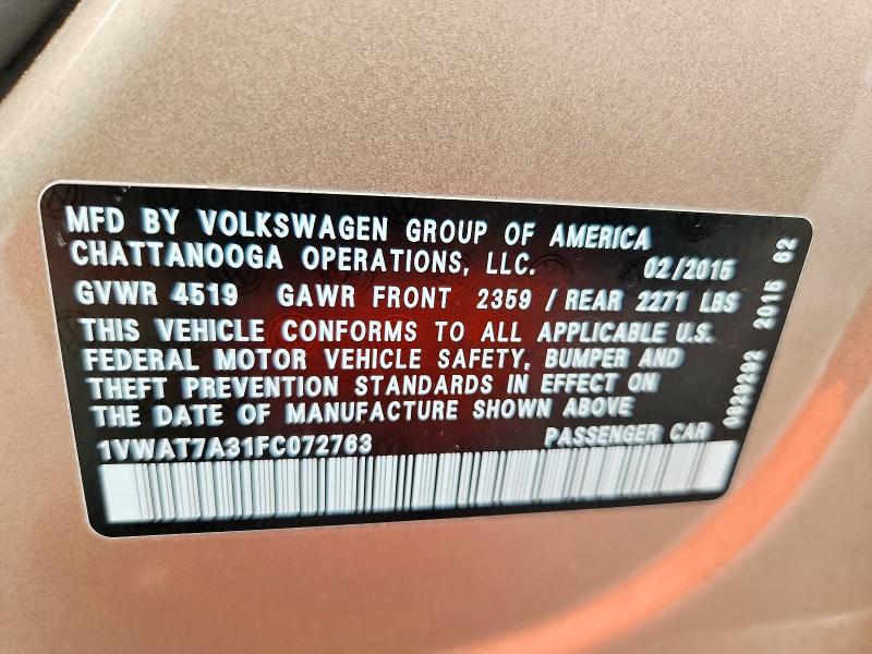 53529266 :رقم المزاد ، 1VWAT7A31FC072763 vin ، 2015 Volkswagen Passat مزاد بيع