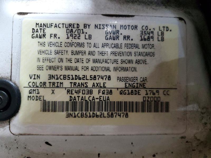 Продаж на аукціоні авто 2002 Nissan Sentra, vin: 3N1CB51D62L587478, номер лоту: 52153716