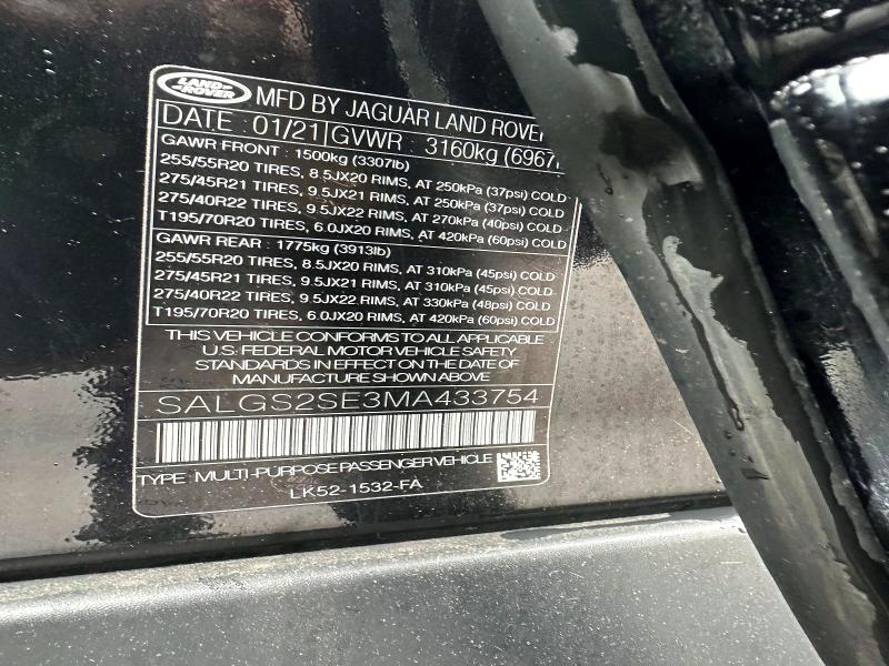 Aukcja sprzedaży 2021 Land Rover Range Rover, vin: SALGS2SE3MA433754, numer aukcji: 54896056