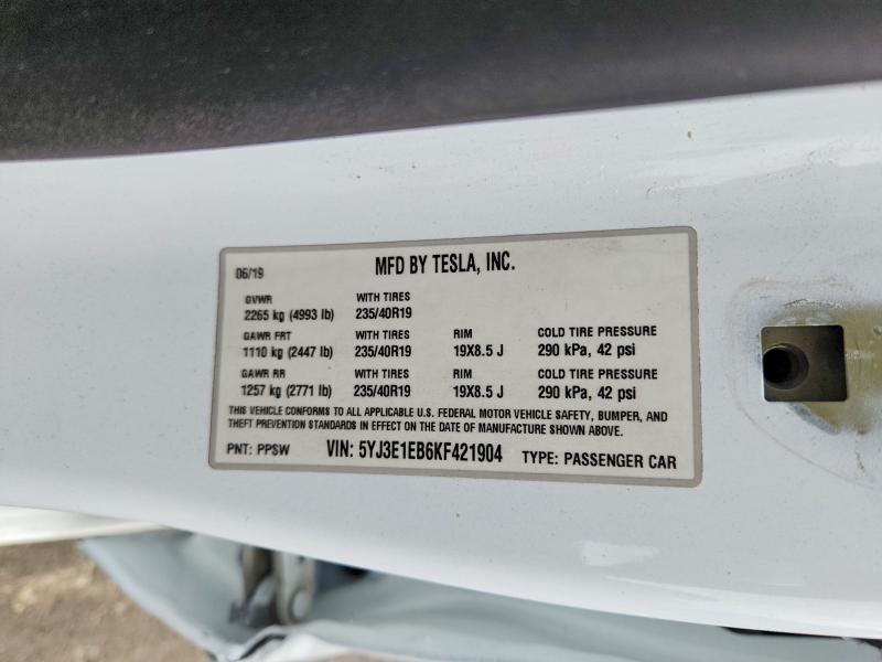 54338976 :رقم المزاد ، 5YJ3E1EB6KF421904 vin ، 2019 Tesla Model 3 مزاد بيع