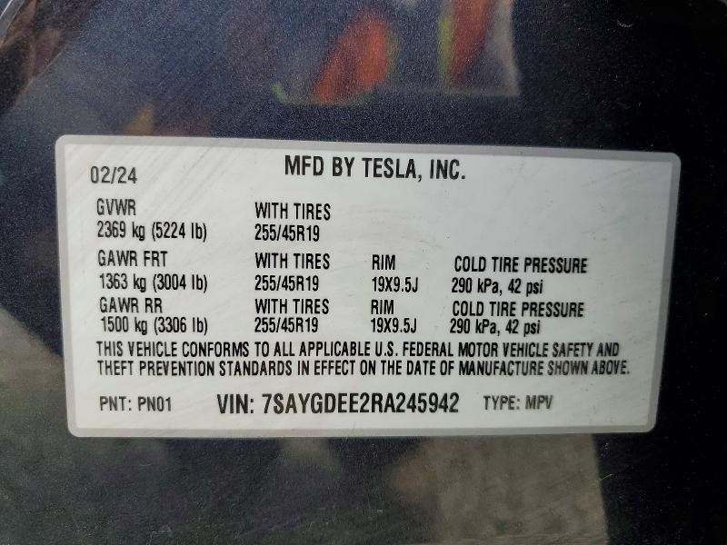 Aukcja sprzedaży 2024 Tesla Model Y, vin: 7SAYGDEE2RA245942, numer aukcji: 52421466