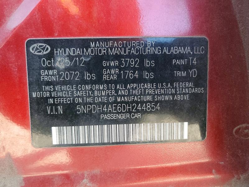52042766 :رقم المزاد ، 5NPDH4AE6DH244854 vin ، 2013 Hyundai Elantra مزاد بيع