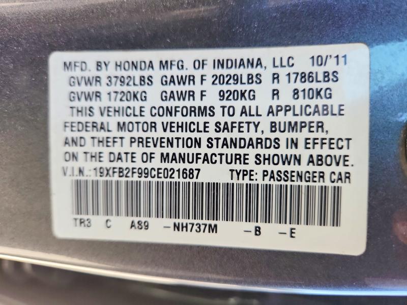 2012 Honda Civic მანქანა იყიდება აუქციონზე, vin: 19XFB2F99CE021687, აუქციონის ნომერი: 54225876